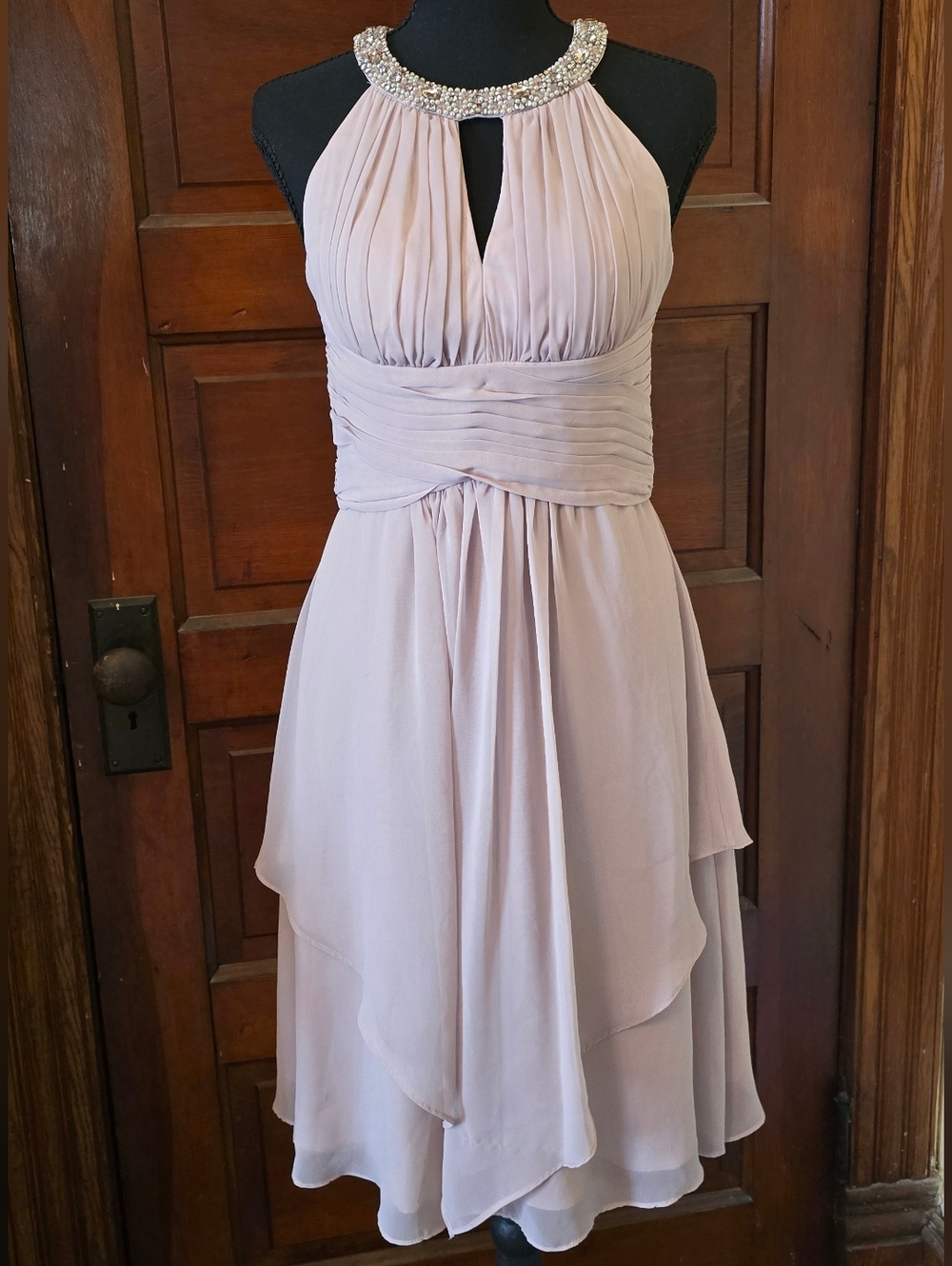 Eliza J Beaded Halter Chiffon Dress in Light Blush